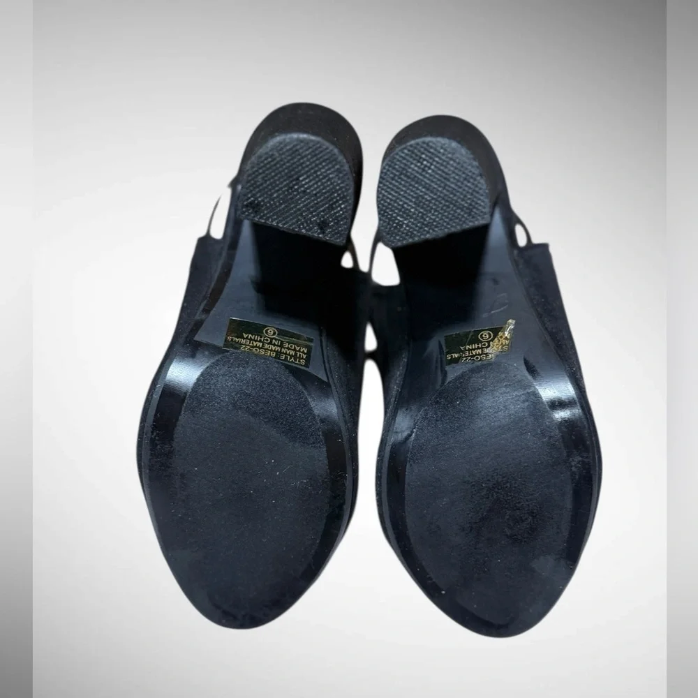 Black Faux Suede Peep Toe Block Heel Boots with buckle detailing Size 6 - Picture 4 of 15